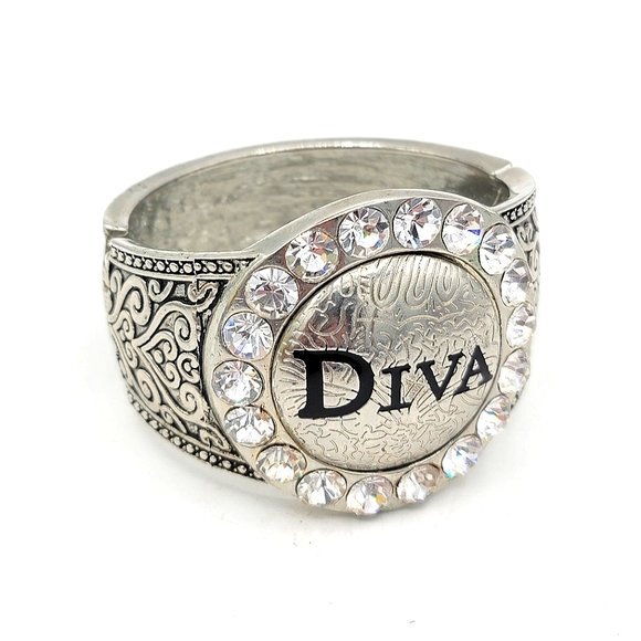 Diva Rhinestone Engraved Statement Wide Cuff Spring Bangle Bracelet - Picture 9 of 9
